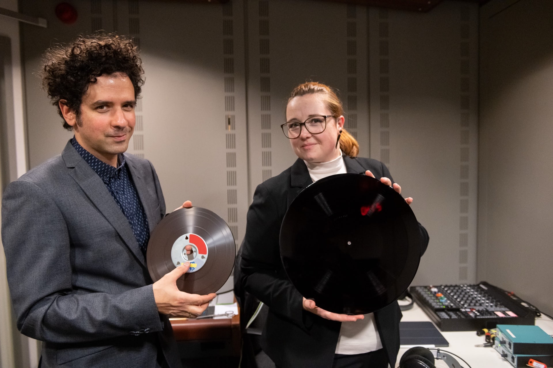 Sidney Claire Meyer with sound engineer Guy Sternberg